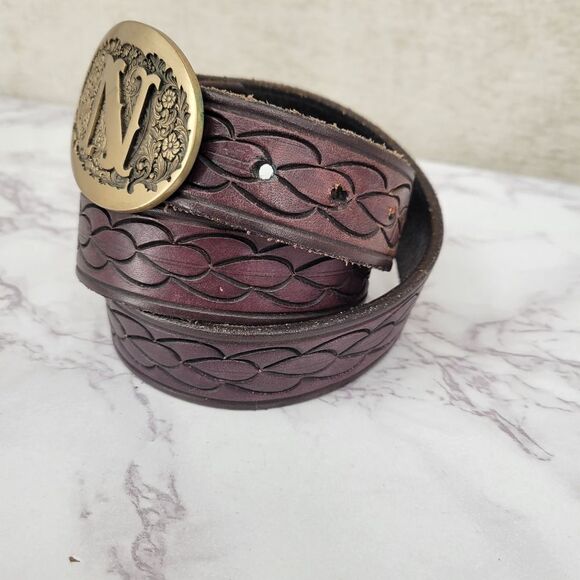 Award Design Medals N Brass Toned Buckle and Tooled Leather Belt - Picture 3 of 10